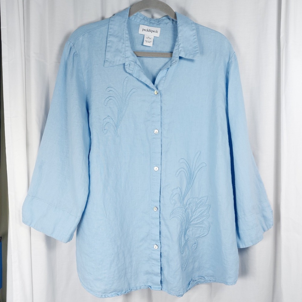 Peck & Peck Womens Button Up Shirt 100% Linen XLarge Lt Blue Embroidered Beach